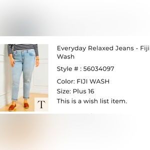 Talbots Relaxed Everyday Jeans in Fiji Wash.  Size 16W